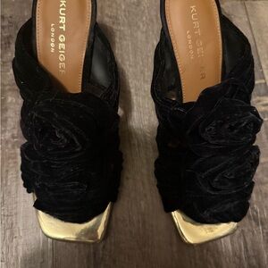 Kurt Geiger Black Velvet Rosette Mules with Gold Toe